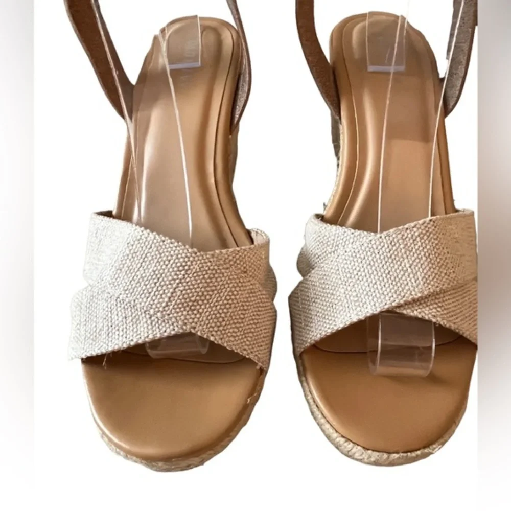 Old Navy Oatmeal Canvas & Tan Leather‎ Espadrille Wedges Size 8.5